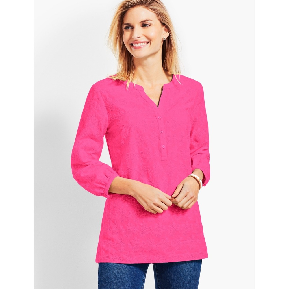 Talbots Woman Popover Blouse 2XP Pink Pineapple Embroidered Cotton Preppy
